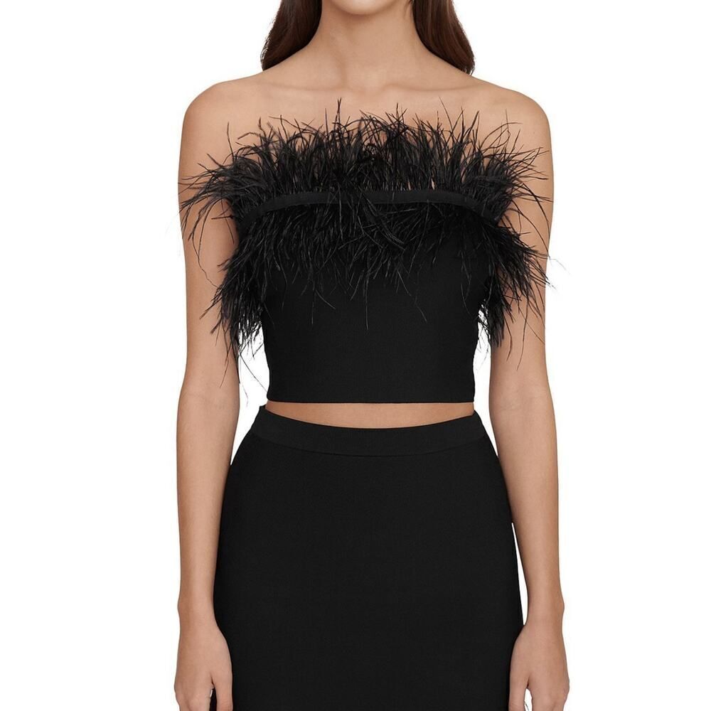 STAUD Nellie Black Feather Trim Crop Top XS